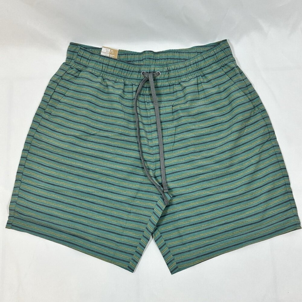 PrAna XL Green Striped Hemp Shorts Drawstring Waist 8" Inseam Mens NWT